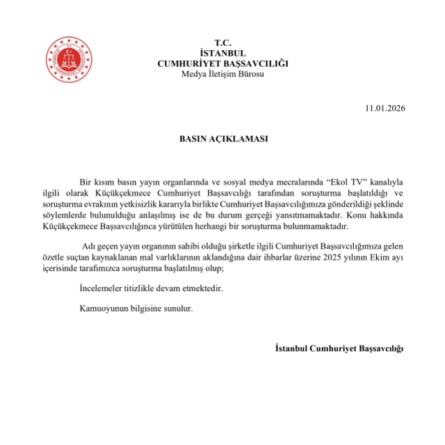 İstanbul ve Küçükçekmece cumhuriyet başsavcılıklarından 'Ekol TV' açıklaması