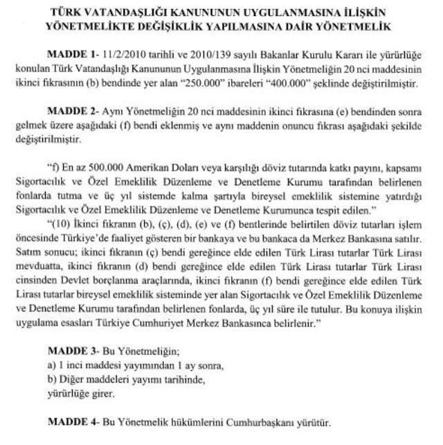 Türk vatandaşlığına geçmek için alınması gereken konut fiyatı 400 bin dolara yükseltildi
