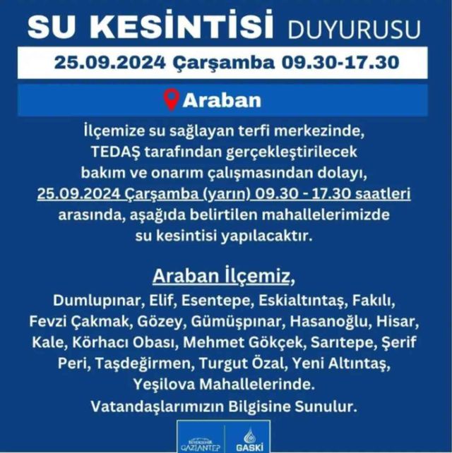 Gaziantep su kesintisi sorgulama! 25 Eylül GASKİ su kesintisi olan yerler neresi? Gaziantep su kesintisi nereden öğrenilir, neresi aranır?