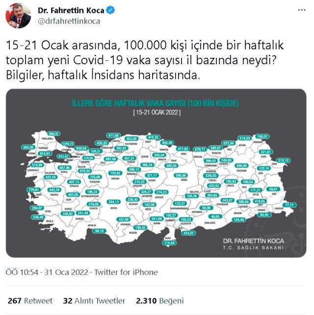 İl il koronavirüs vaka sayıları kaçtır? 15-21 Ocak İl il güncel koronavirüs risk haritası ve haftalık vaka sayıları açıklandı mı?