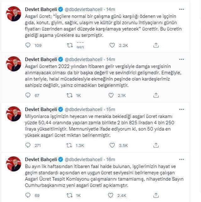 Asgari ücretin açıklanmasının ardından MHP lideri Bahçeli'den ilk sözler: Yüreklere su serpmiştir