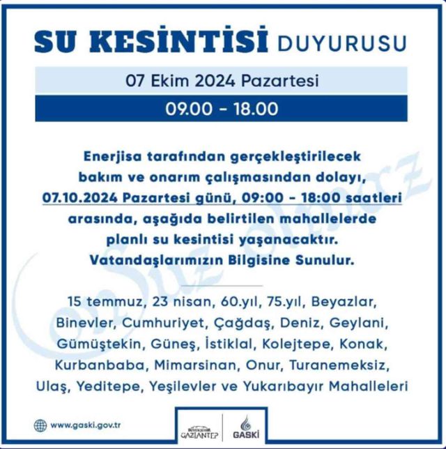 Gaziantep su kesintisi sorgulama! 7 Ekim GASKİ su kesintisi olan yerler neresi? Gaziantep su kesintisi nereden öğrenilir, neresi aranır?