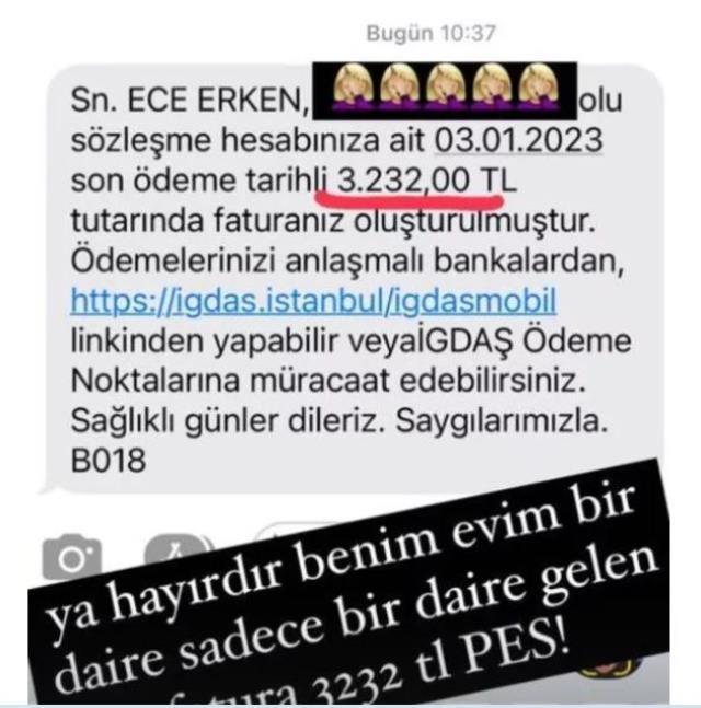Ece Erken, evine gelen doğal gaz faturasını görünce sosyal medyadan isyan etti