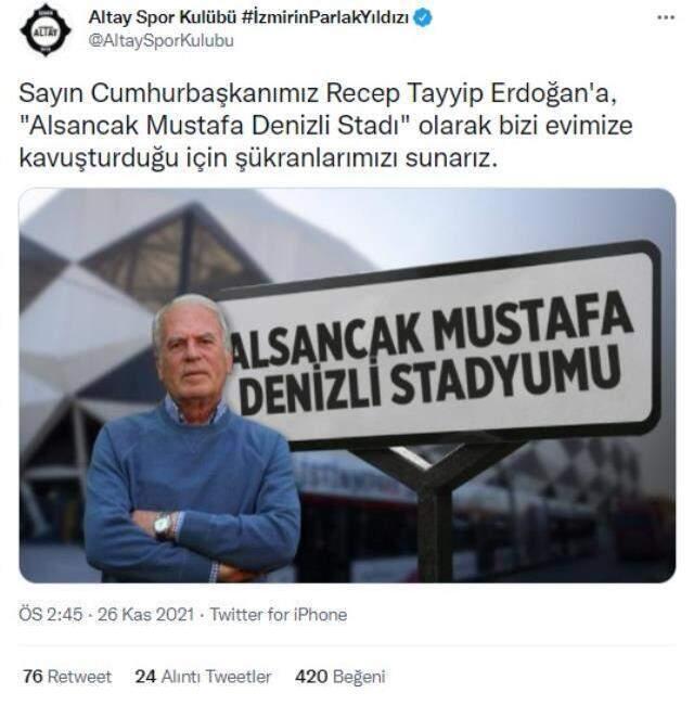 Cumhurbaşkanı Erdoğan: Alsancak'taki yeni stadın adını Mustafa Denizli Stadı olarak belirledik