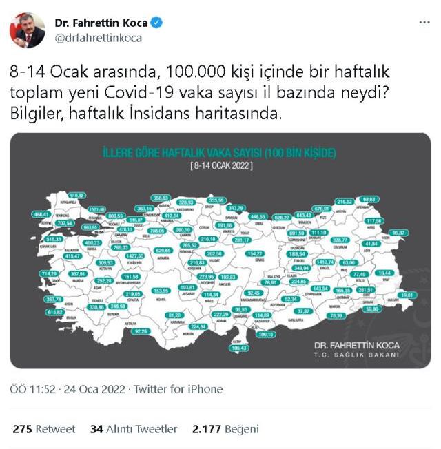 İl il koronavirüs vaka sayıları kaçtır? 8-14 Ocak İl il güncel koronavirüs risk haritası ve haftalık vaka sayıları açıklandı mı?
