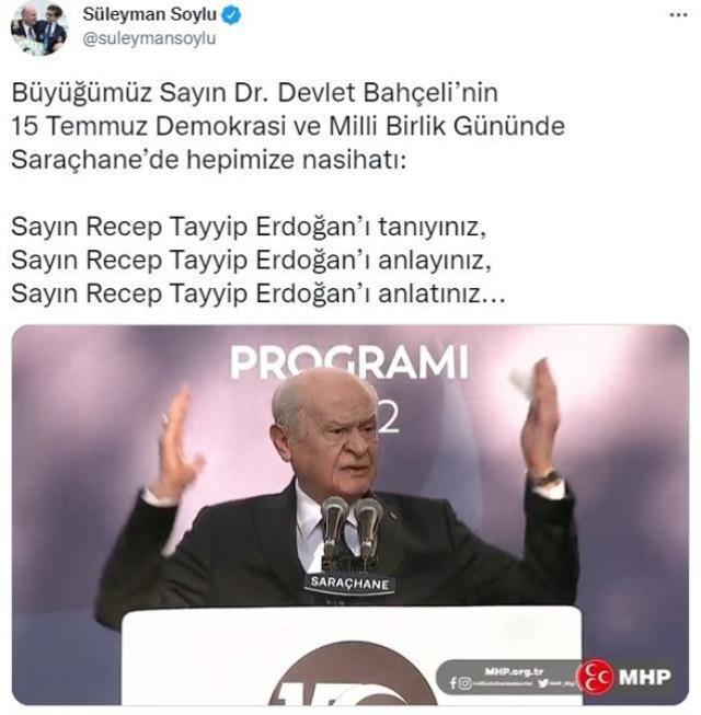 Bakan Soylu, konuşma metninin dışına çıkan Bahçeli'nin Erdoğan'la ilgili sözlerini paylaştı