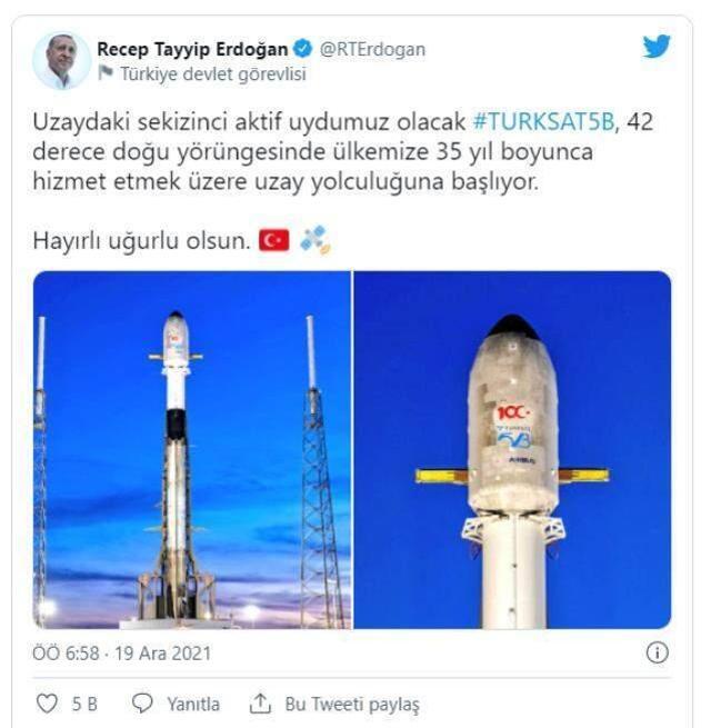 Erdoğan'dan Türksat 5B mesajı: Sayın Musk'a Türkiye karşıtı lobilerin şantajına boyun eğmediği için tebrik ediyorum