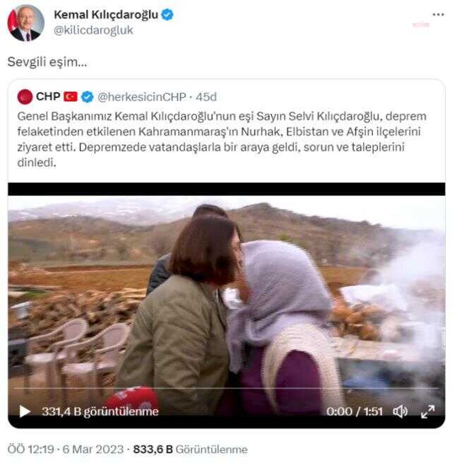 Kılıçdaroğlu, deprem bölgesine giden Selvi Kılıçdaroğlu'nun görüntülerini 'Sevgili eşim' notuyla paylaştı