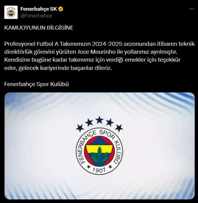 Fenerbahçe, Jose Mourinho ile yollarını ayırdı