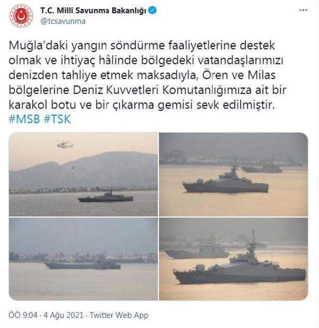 Milli Savunma Bakanlığı, yangının devam ettiği Muğla'nın Ören ve Milas ilçelerine çıkarma gemisi sevk etti
