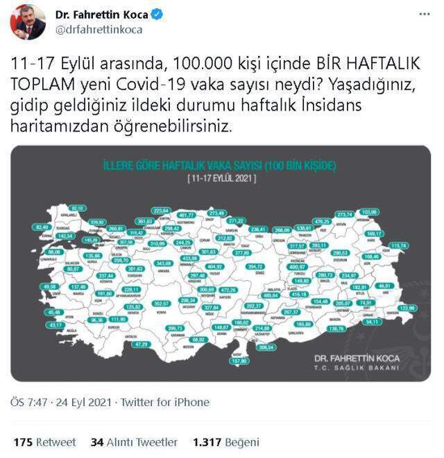 İl il koronavirüs vaka sayıları kaçtır? 11-17 Eylül İl il güncel koronavirüs risk haritası ve haftalık vaka sayıları açıklandı mı?