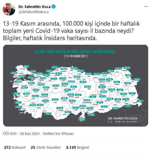 İl il koronavirüs vaka sayıları kaçtır? 13-19 Kasım İl il güncel koronavirüs risk haritası ve haftalık vaka sayıları açıklandı mı?