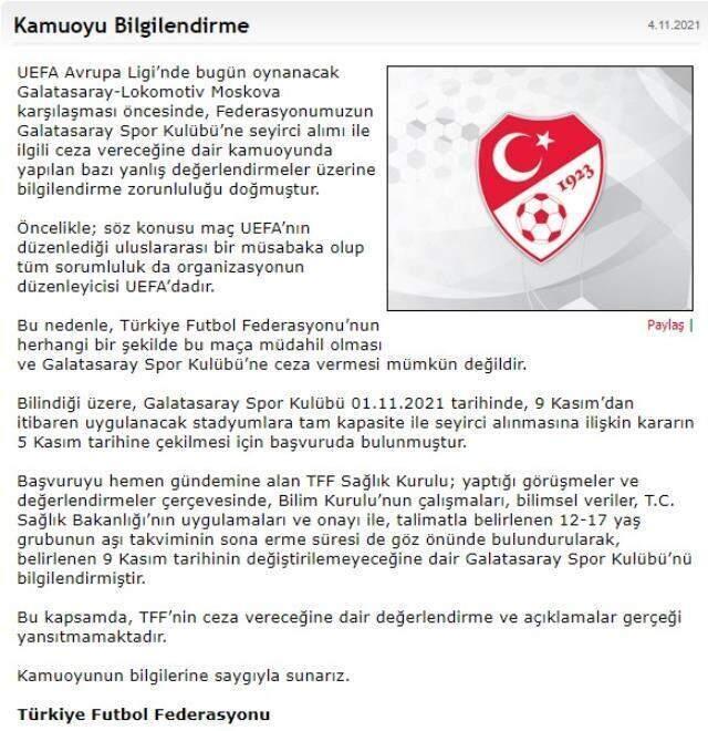 Son Dakika: TFF seyirci tartışmasına son noktayı koydu: Galatasaray'a ceza verilmesi mümkün değildir