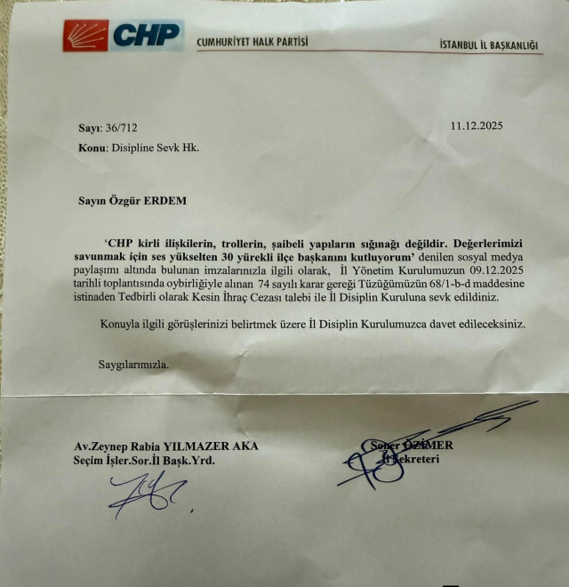 'Şaibeli yapıların sığınağı değildir' paylaşımı yapan isim CHP'den ihraç edildi