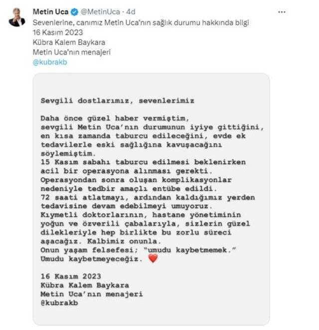 Metin Uca entübe mi edildi? Metin Uca'nın son durumu nedir?