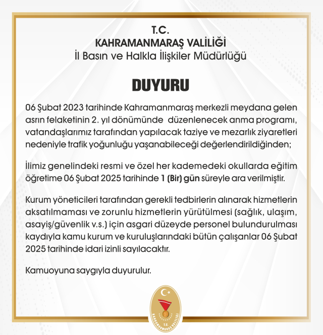 Kahramanmaraş okullar tatil mi SON DAKİKA? 6 Şubat Perşembe Kahramanmaraş'ta okul yok mu (Kahramanmaraş Valiliği Açıklaması – KAR TATİLİ)?