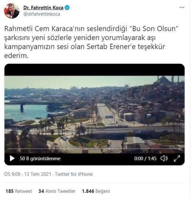 Fahrettin Koca'dan Sertab Erener'e yeniden yorumladığı 'Bu Son Olsun' şarkısı için teşekkür
