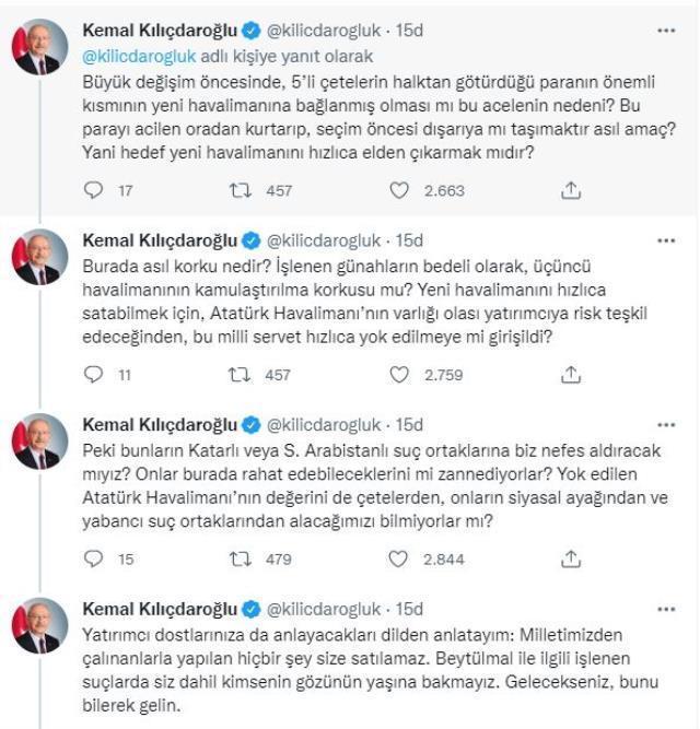 Kemal Kılıçdaroğlu'ndan Atatürk Havalimanı'nın millet bahçesi yapılmasına tepki gösterip, Arapça paylaşım yaptı