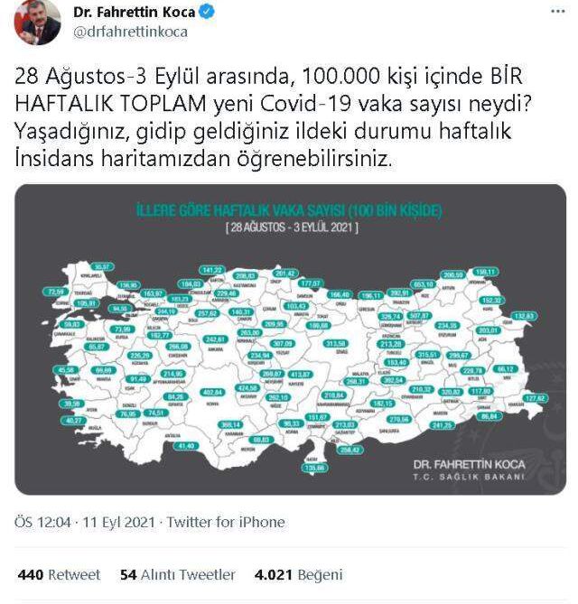 İl il koronavirüs vaka sayıları kaçtır? 28 Ağustos - 3 Eylül İl il güncel koronavirüs risk haritası ve haftalık vaka sayıları açıklandı mı?
