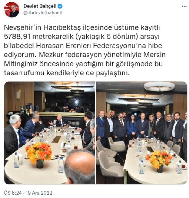 Devlet Bahçeli, Hacıbektaş'taki arsasını Horasan Erenleri Federasyonu'na hibe etti Açıklaması