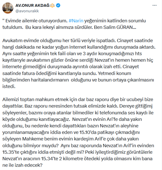 Narin Güran Davasında Salim Güran'dan Savunma: Her Şey Kanıtlandı