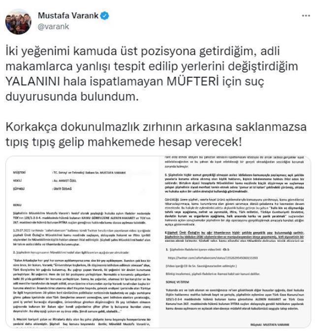 Bakan Varank, Özdağ ile sosyal medyada yaşadığı tartışmayı mahkemeye taşıdı: Gelip hesap verecek