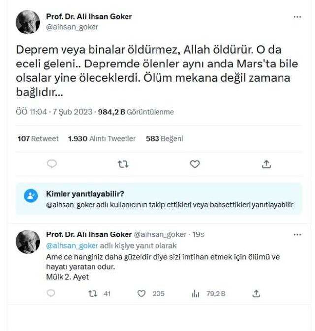 Bilecik'te 'Deprem ve binalar öldürmez, Allah öldürür' paylaşımı yapan öğretim üyesi için soruşturma açıldı