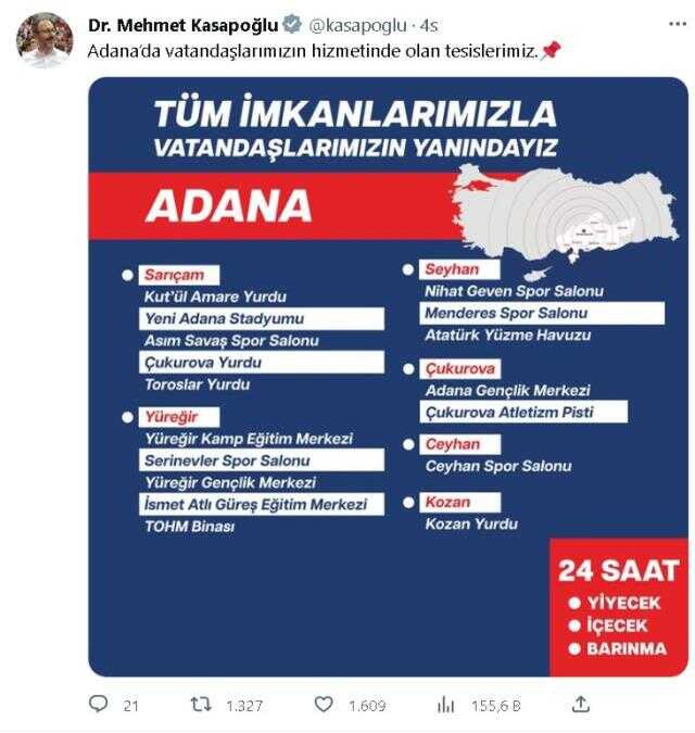Depremzedeler için hizmet veren tesisler nerede, adresleri var mı? 7 Şubat 2023 depremzedeler için açık olan tesisler neresi?