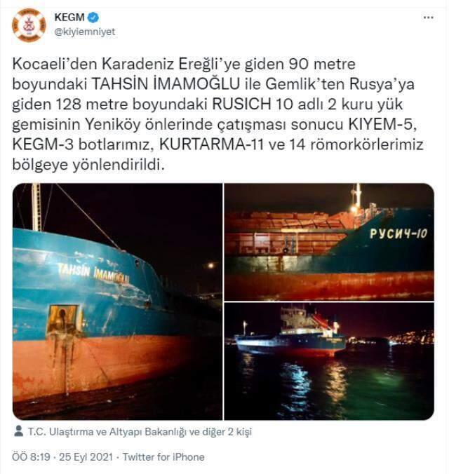 Son Dakika! Yeniköy'de Türk ve Rus bandralı iki kuru yük gemisi çarpıştı