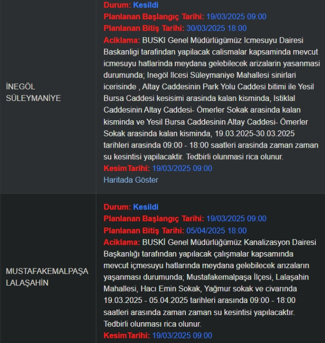 Bursa BUSKİ su kesintisi! 20-21 Mart Bursa'da su kesintisi ne zaman bitecek, sular ne zaman gelecek?