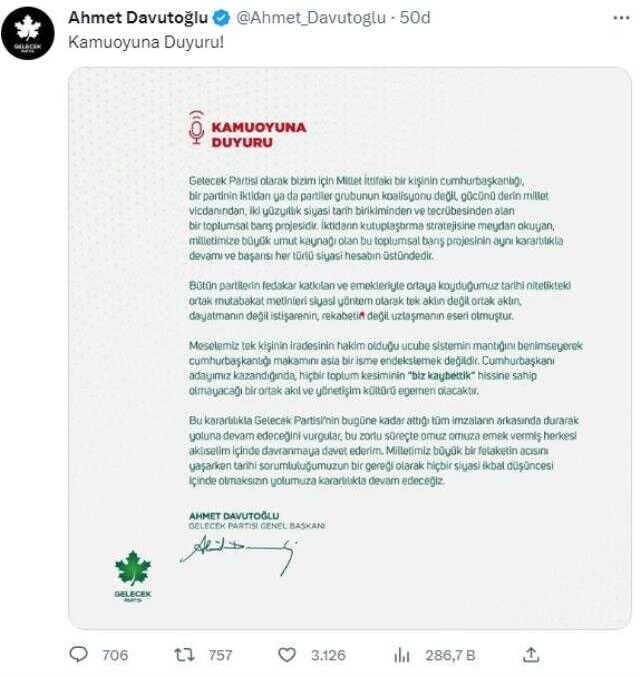 Davutoğlu: 'Gelecek Partisi bugüne kadar attığı tüm imzaların arkasında durarak yoluna devam edecek'