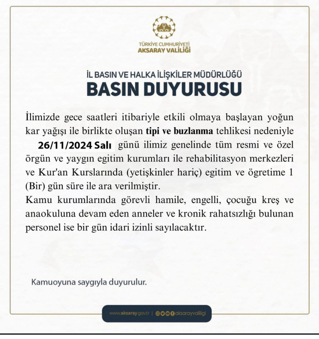 Aksaray okullar tatil mi? 26 Kasım Salı Aksaray'da okul yok mu (Valilik Açıklaması)?