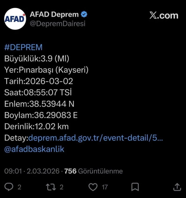 Kayseri'de deprem! AFAD büyüklüğünü açıkladı