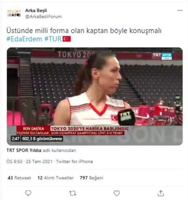 Kadın Voleybol Takımı'nın kaptanı Eda Erdem, Çin maçında yaptığı açıklamalarla tüm Türkiye'nin sevgilisi oldu