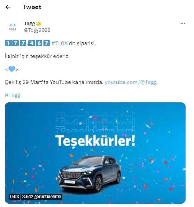 TOGG başvuru sayısı kaç? TOGG ön sipariş kaç kişi başvurdu? TOGG çekilişi ne zaman çekilecek?