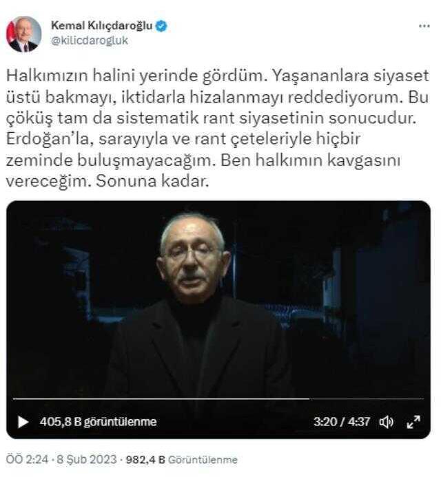 Deprem bölgesine giden Kılıçdaroğlu'ndan gece yarısı paylaşımı: Birileri bu ülkenin kaynaklarının nereye harcandığının hesabını vermek zorunda
