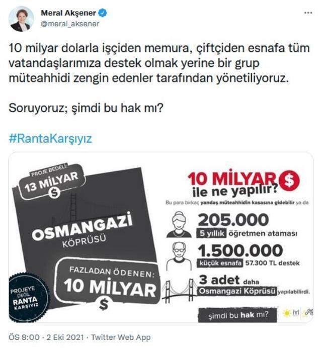 Akşener'den Osmangazi Köprüsü paylaşımı: Şimdi bu hak mı?