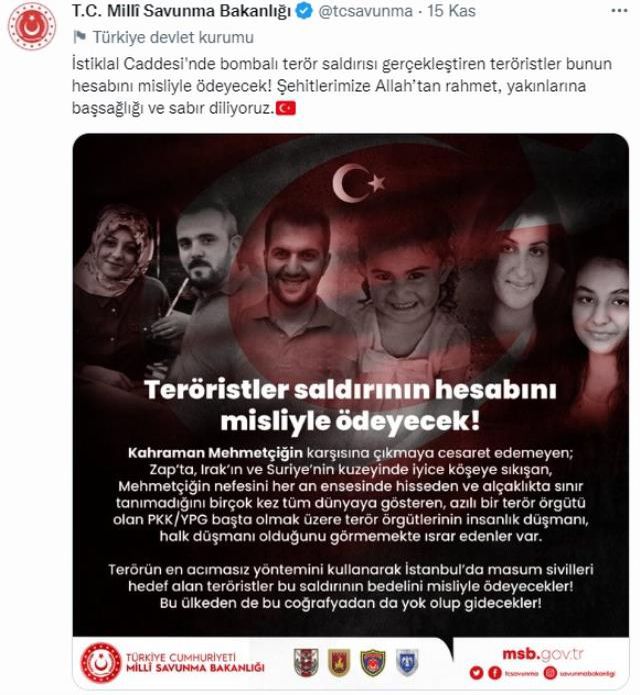 Teröristlerin inleri başlarına yıkıldı! Akıllara MSB'nin İstiklal saldırısı sonrası yaptığı intikam paylaşımı geldi