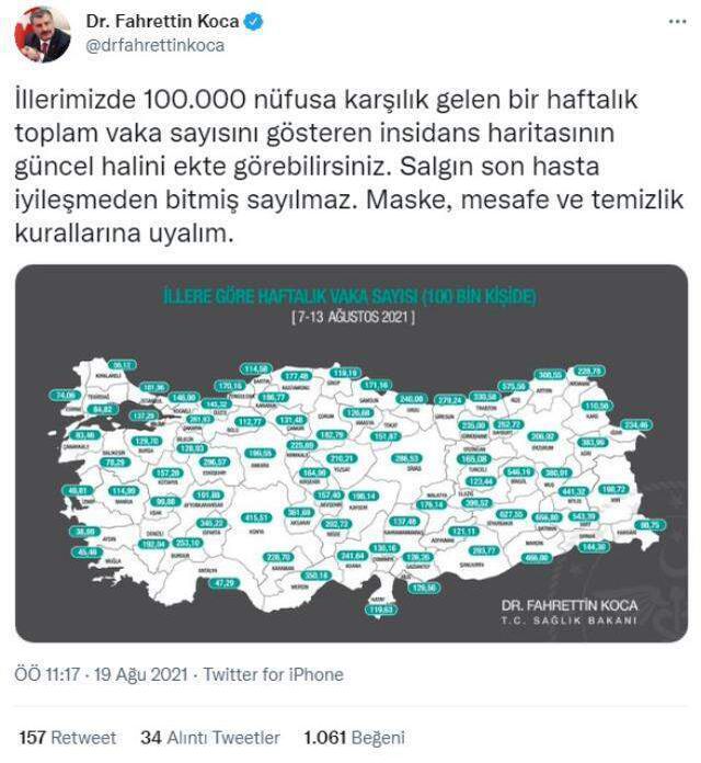 İl il koronavirüs vaka sayıları kaçtır? 7-13 Ağustos İl il güncel koronavirüs risk haritası ve haftalık vaka sayıları açıklandı mı?