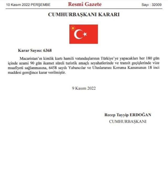 Türkiye'den Macaristan'a vize muafiyeti Resmi Gazete'de
