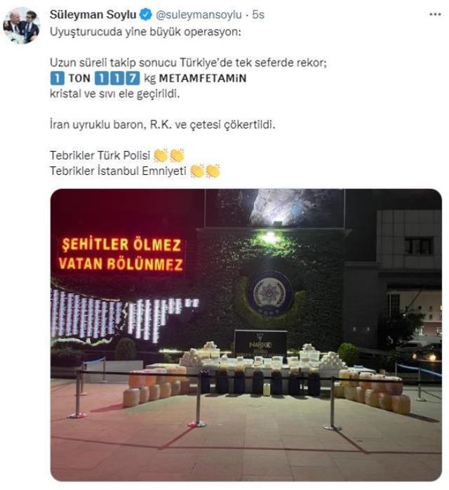 Bakan Soylu 'Türkiye rekoru' diye duyurdu: 1 ton 117 kg metamfetamin kristal ve sıvı ele geçirildi