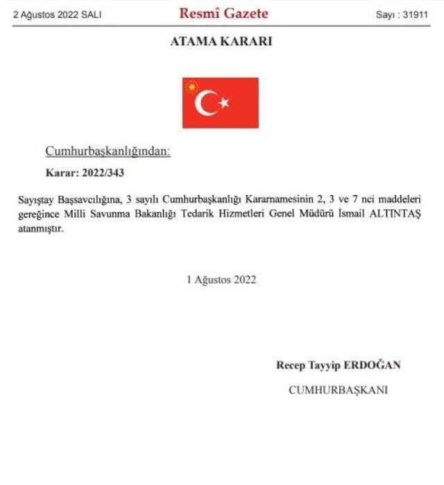 Sayıştay Başsavcılığı'na Milli Savunma Bakanlığı Tedarik Hizmetleri Genel Müdürü İsmail Altıntaş atandı