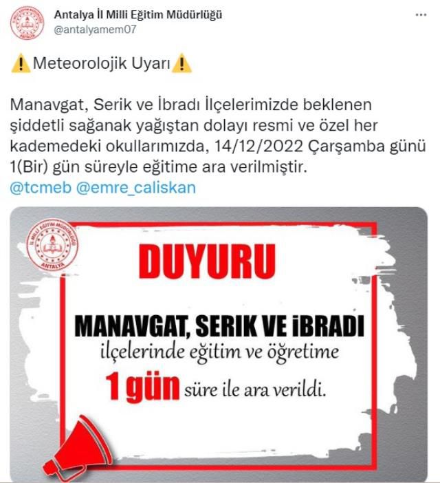 Son Dakika: Antalya'da yağış alarmı! 3 ilçede okullar tatil edildi