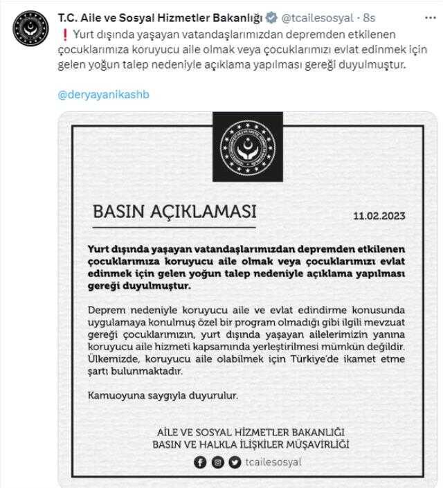 Aile ve Sosyal Hizmetler Bakanlığı çocukların yurtdışına koruyucu ailelere verilmesinin mümkün olmayacağını söyledi