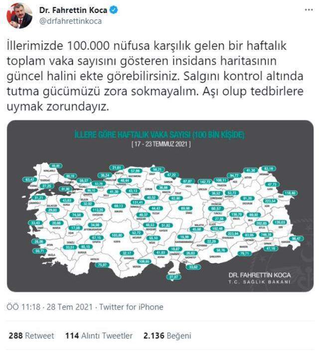 İl il koronavirüs vaka sayıları kaçtır? 17-23 Temmuz İl il güncel koronavirüs risk haritası ve haftalık vaka sayıları açıklandı mı?