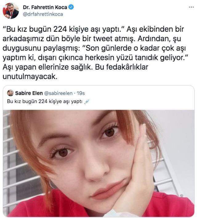 Bakan Koca'nın paylaştığı 1 günde 224 kişiye aşı yapan Sabire hemşire konuştu