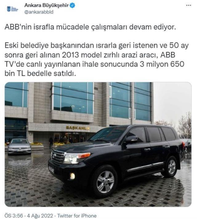 Ankara Büyükşehir Belediyesi, Gökçek'ten 50 ay sonra alınan zırhlı cipi 3 milyon 650 bin TL'ye sattı
