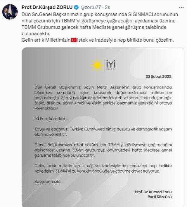 İYİ Parti, TBMM'de 'sığınmacı' konusunda genel görüşme isteyecek