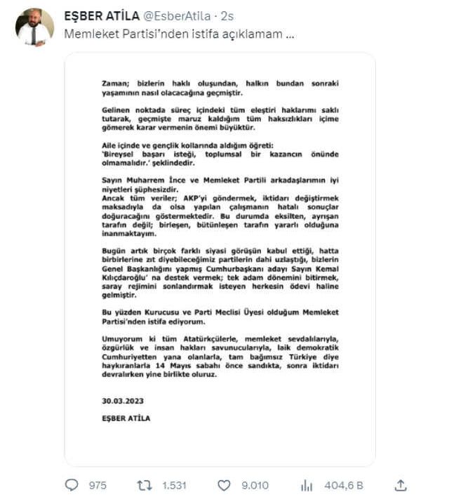 Memleket Partisi Kurucularından, Pm Üyesi Eşber Atila İstifa Etti
