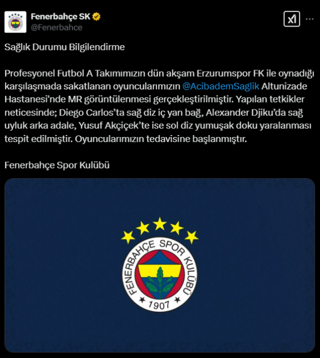 Süper Lig devi Fenerbahçe'de Erzurumspor karşılaşmasında yaşanan sakatlıklar tüm dikkatleri üzerine çekti. Takımın önemli isimleri arasında yer alan Diego Carlos, Alexander Djiku ve Yusuf Akçiçek'in sağlık durumu netlik kazandı ve tedavi süreçleri başladı.